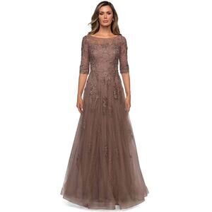 NWOT $619 La Femme Floral Lace & Tulle A Line Gown '28036' in Cocoa Sz 10